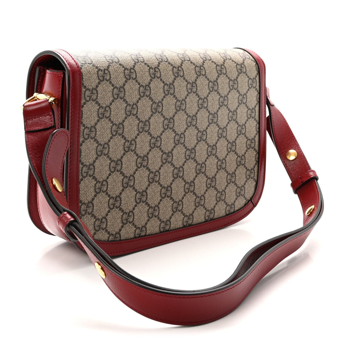 GG Supreme Monogram Azalea Calfskin Horsebit 1955 Shoulder Bag Beige Ebony New Cherry Red