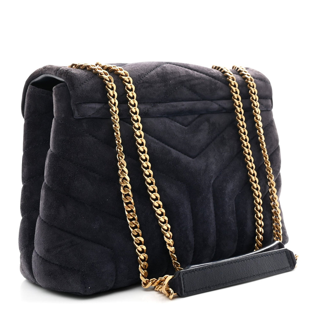 Suede Calfskin Y Quilted Monogram Small Loulou Chain Satchel Deep Marine