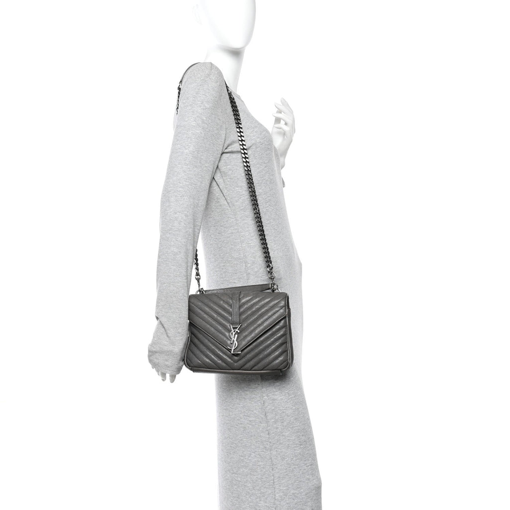 Sheepskin Matelasse Chevron Monogram Medium College Bag Asphalt