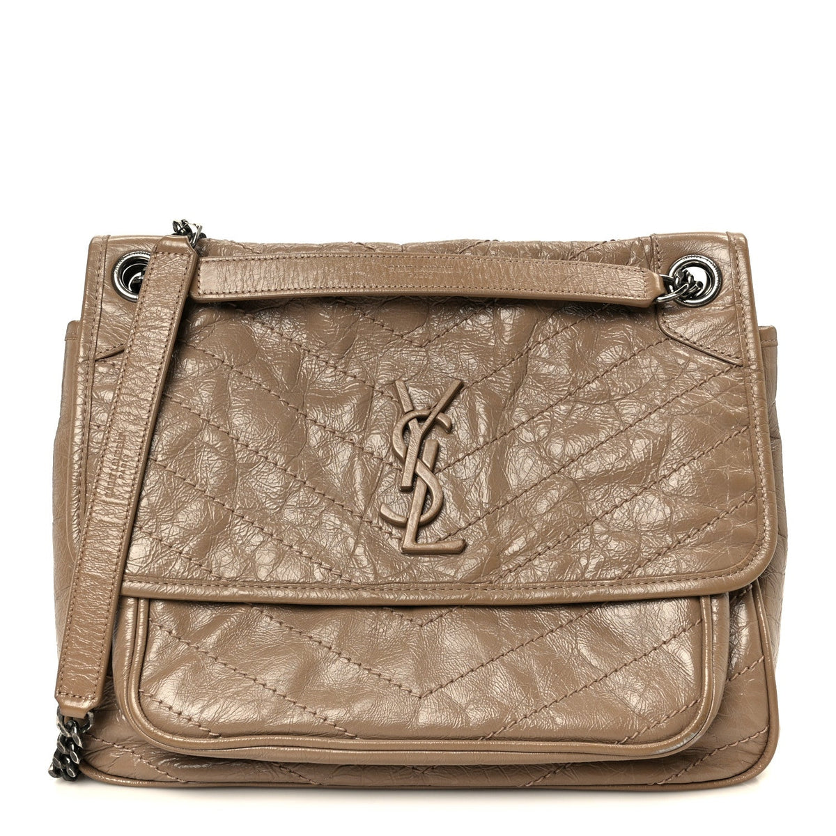 Crinkled Calfskin Matelasse Monogram Medium Niki Chain Satchel Light Taupe