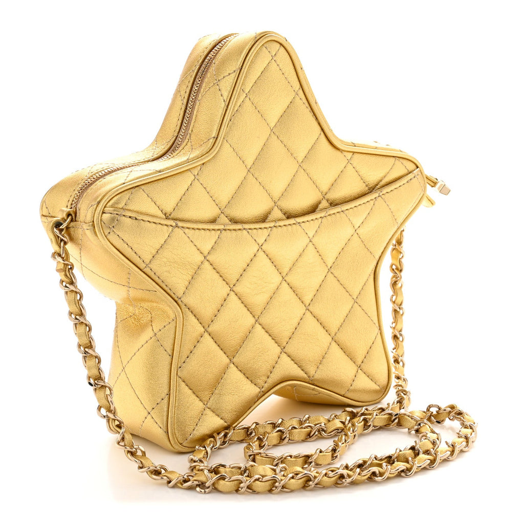 Metallic Lambskin Quilted Walk Of Fame Star Bag Gold