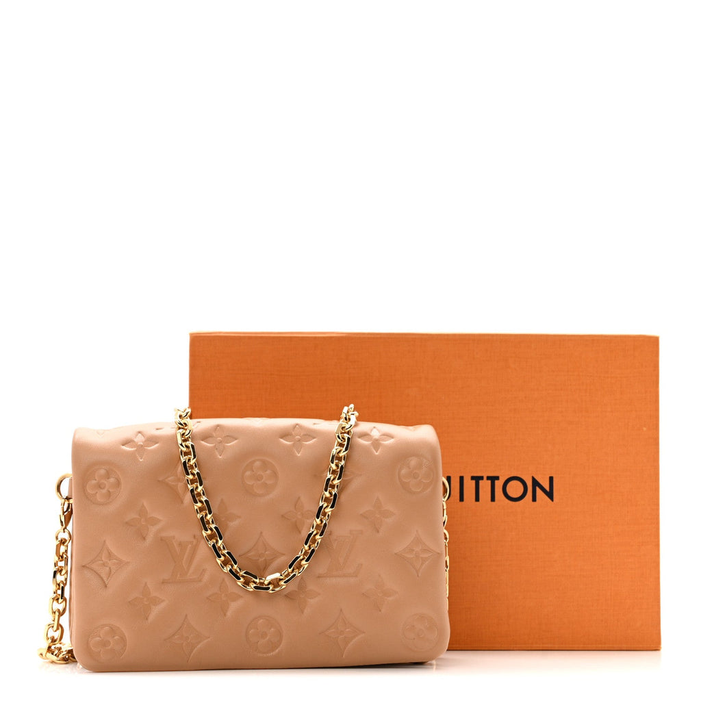 Lambskin Embossed Monogram Pochette Coussin Camel