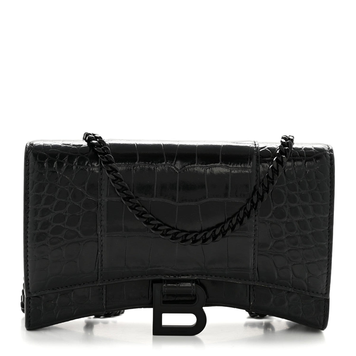 Shiny Calfskin Monochrome Crocodile Embossed Hourglass Chain Bag Black
