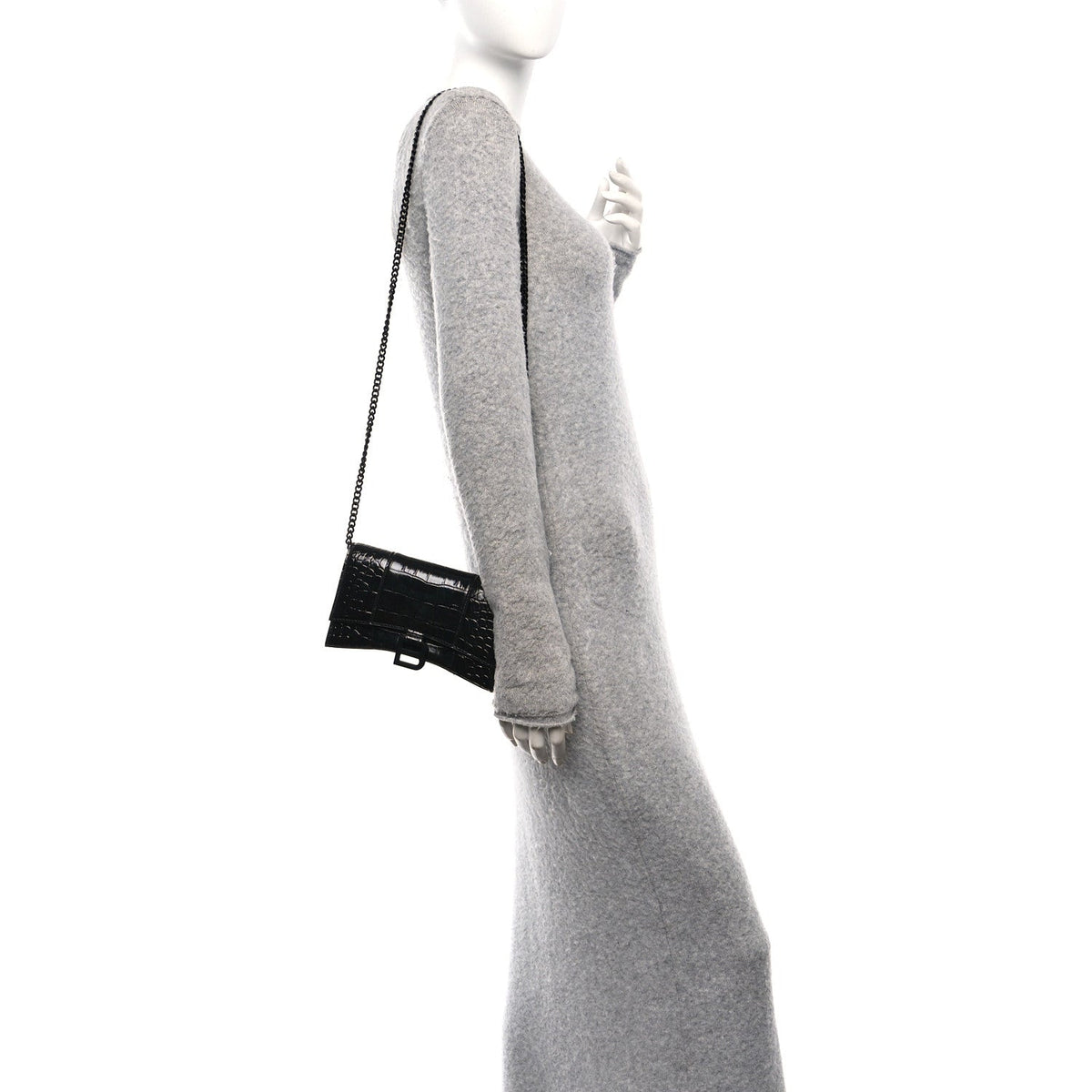 Shiny Calfskin Monochrome Crocodile Embossed Hourglass Chain Bag Black
