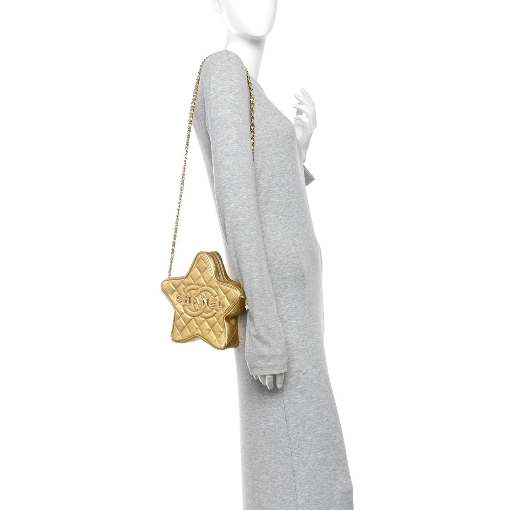Metallic Lambskin Quilted Walk Of Fame Star Bag Gold