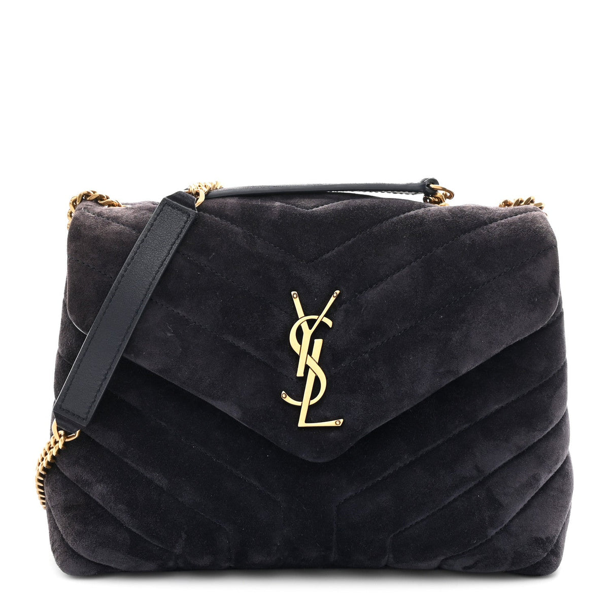 Suede Calfskin Y Quilted Monogram Small Loulou Chain Satchel Deep Marine