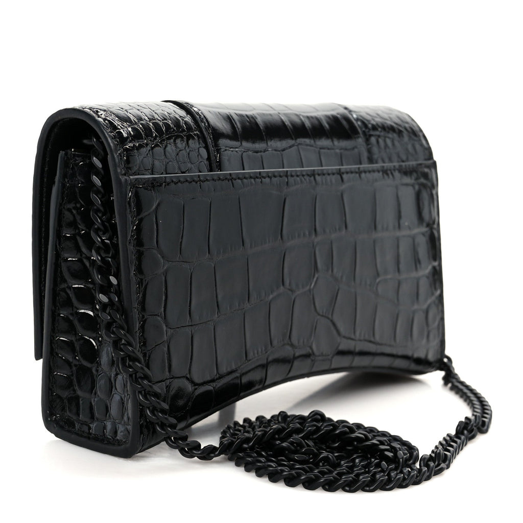 Shiny Calfskin Monochrome Crocodile Embossed Hourglass Chain Bag Black