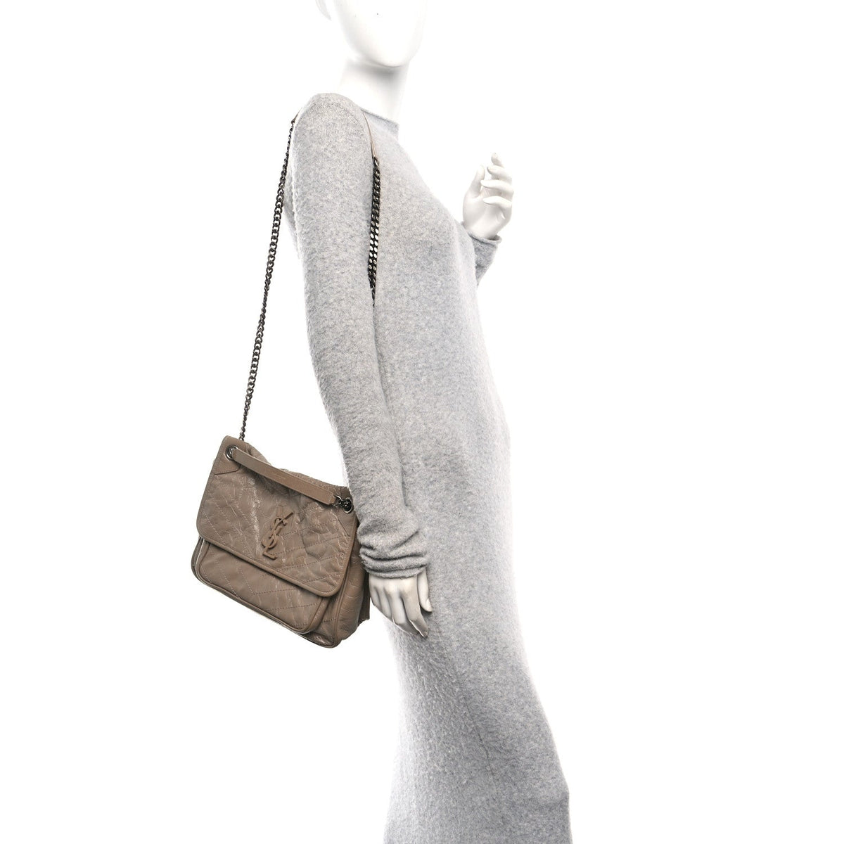 Crinkled Calfskin Matelasse Monogram Medium Niki Chain Satchel Light Taupe