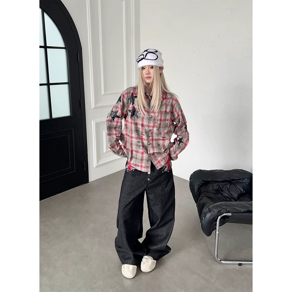 TR BRUSHHIFT American Street Rice Flag Printed Original Beef Jeans Wide Leg Nail Bead Multi breasted Pants