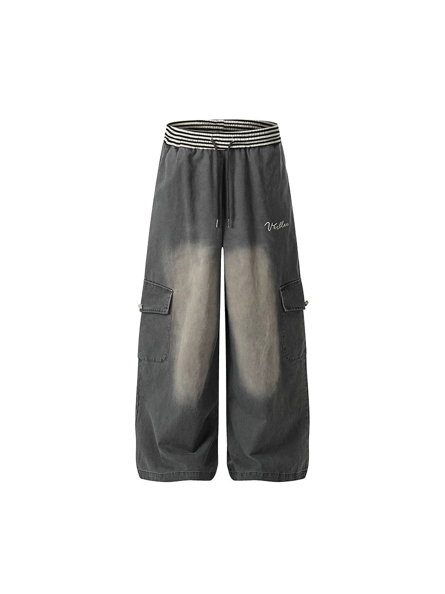 TR BRUSHHIFT American washed distressed elastic jeans for men and women, loose wide leg work pants trendy on the streets
