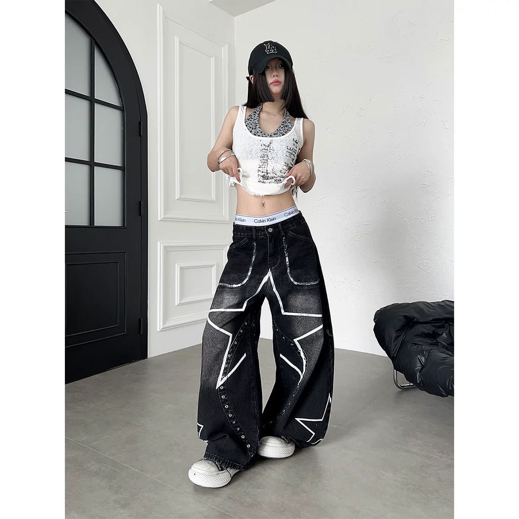 TR BRUSHHIFT American Punk Pentagram Hand drawn Graffiti Deconstruction Jeans Washed Bent Knife Wide Leg Pants