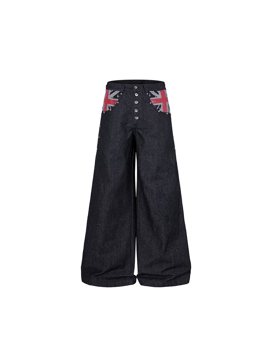 TR BRUSHHIFT American Street Rice Flag Printed Original Beef Jeans Wide Leg Nail Bead Multi breasted Pants