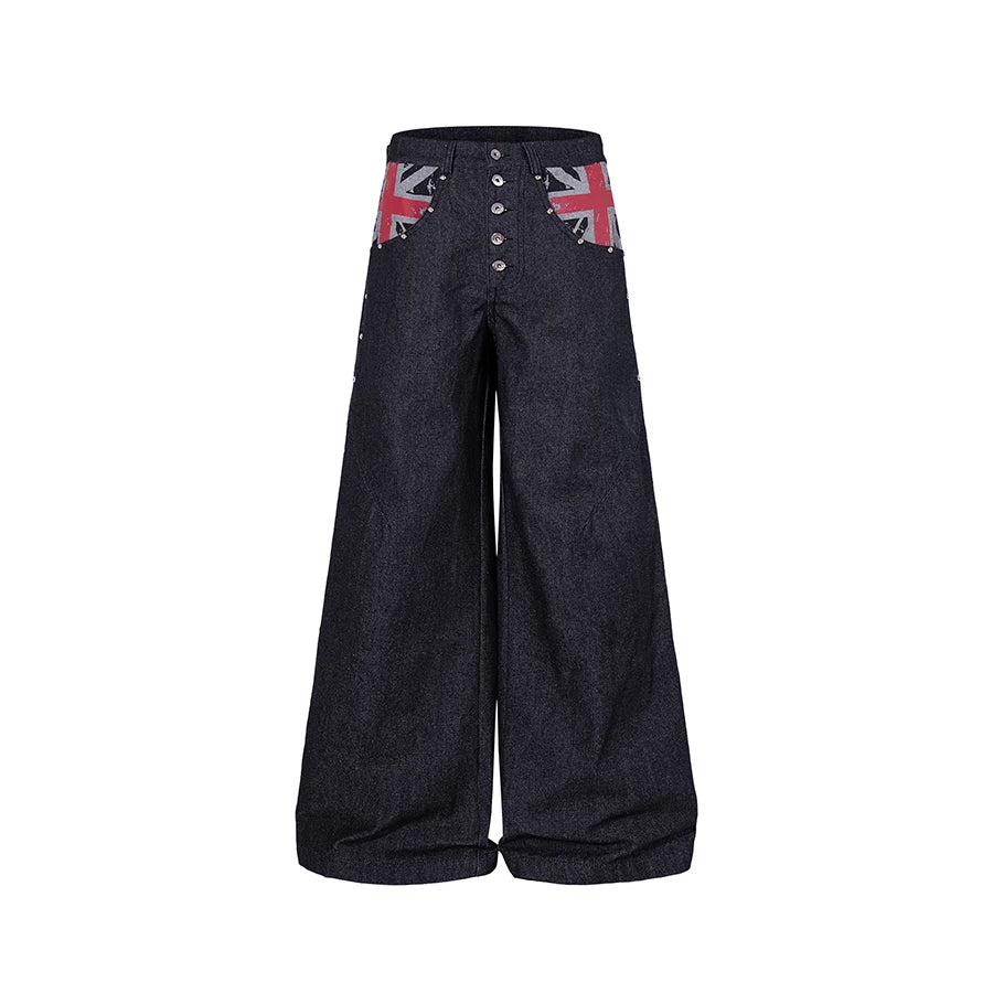TR BRUSHHIFT American Street Rice Flag Printed Original Beef Jeans Wide Leg Nail Bead Multi breasted Pants