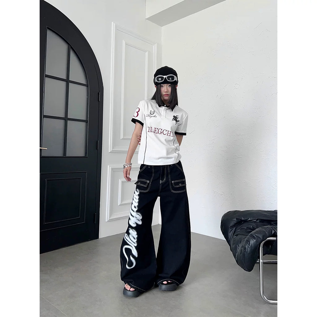 TR BRUSHHIFT American Wings Graffiti Printed Bright Line Jeans Wide Leg Bent Knife Multi Pocket Floor Pants