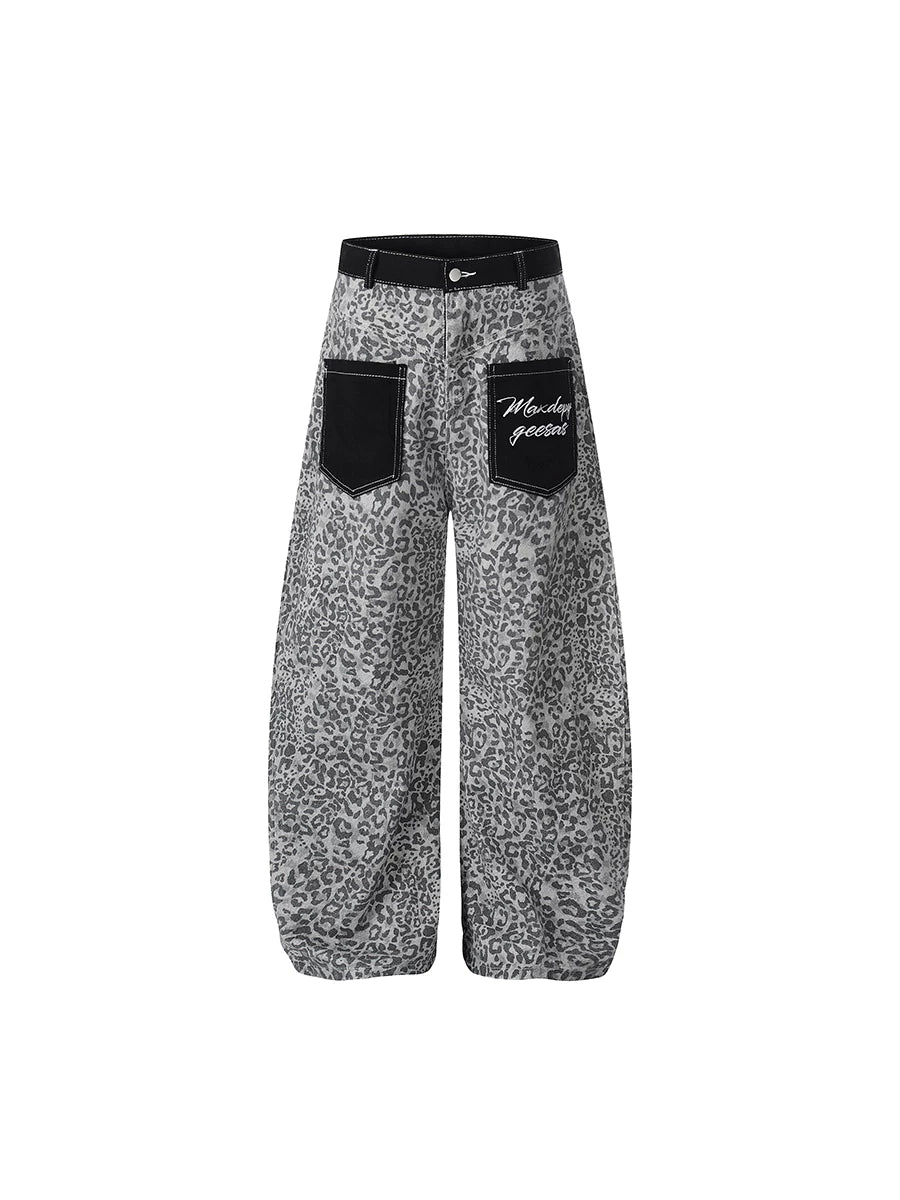 TR BRUSHHIFT American retro leopard print patch pocket jeans street loose wide leg curved knife pants