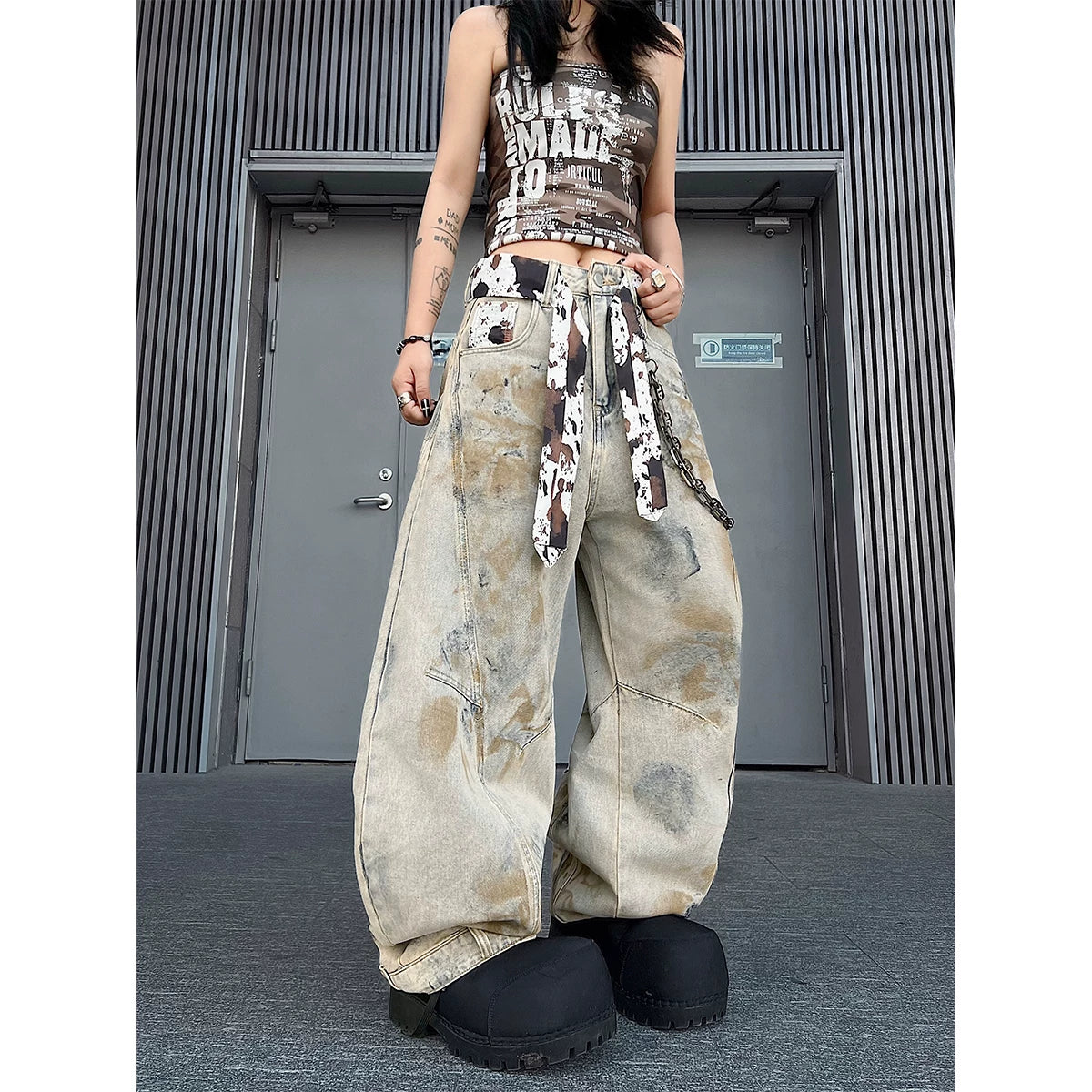 TR BRUSHHIFT American Heavy Industry Tie Dyeing Deconstructed Bent Knife Jeans Street Loose Matching Strap Wide Leg Pants