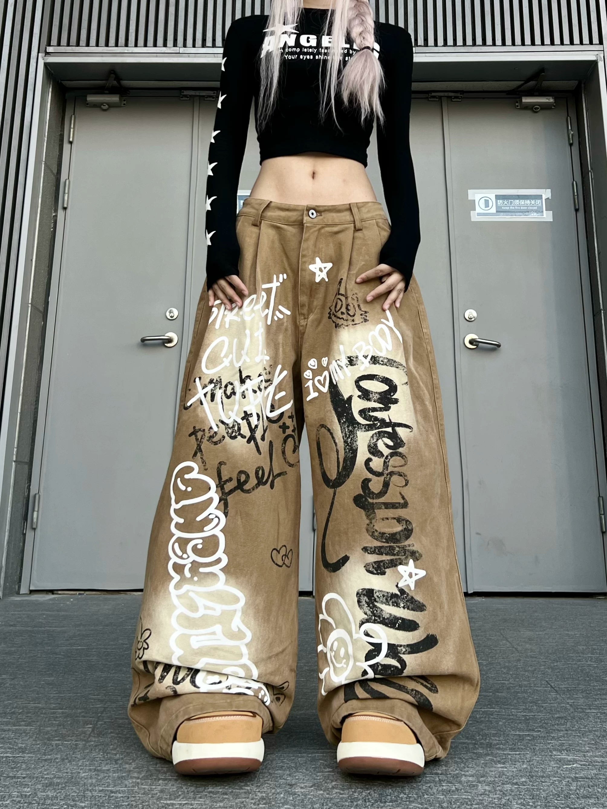 TR BRUSHSHIFT American China-Chic Distressed Wash Graffiti Jeans Vintage Loose Leg Floor Pants
