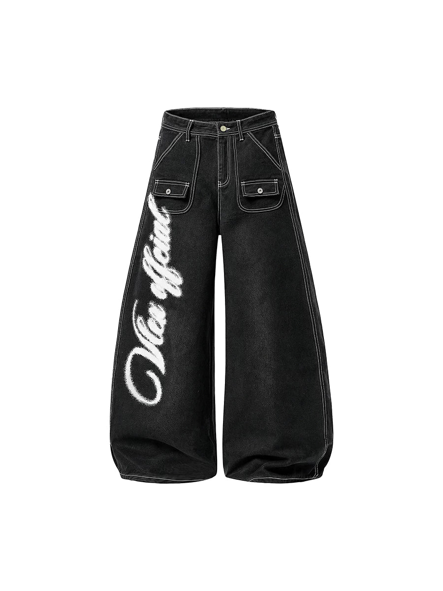 TR BRUSHHIFT American Wings Graffiti Printed Bright Line Jeans Wide Leg Bent Knife Multi Pocket Floor Pants