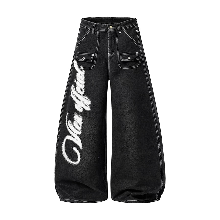 TR BRUSHHIFT American Wings Graffiti Printed Bright Line Jeans Wide Leg Bent Knife Multi Pocket Floor Pants