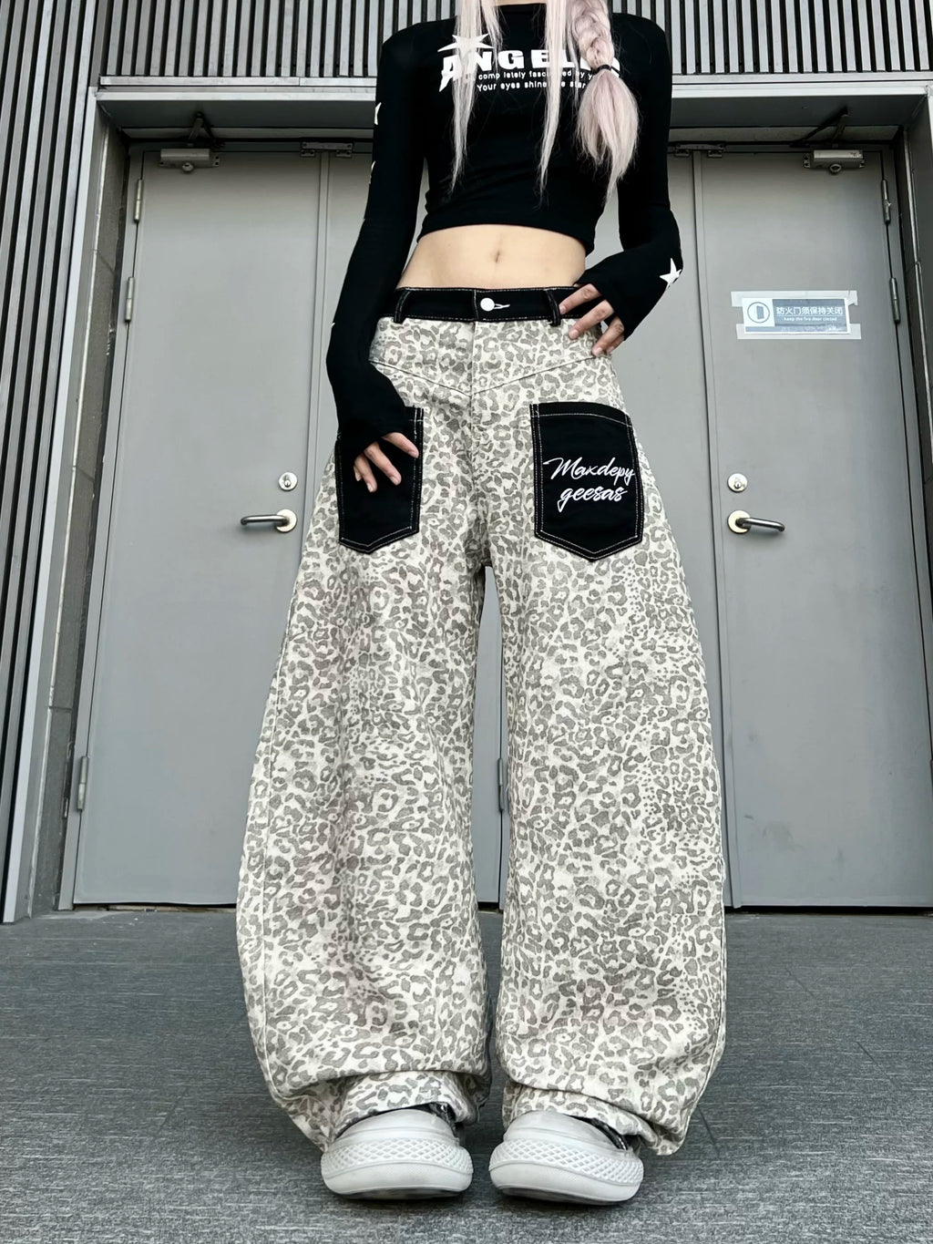 TR BRUSHHIFT American retro leopard print patch pocket jeans street loose wide leg curved knife pants