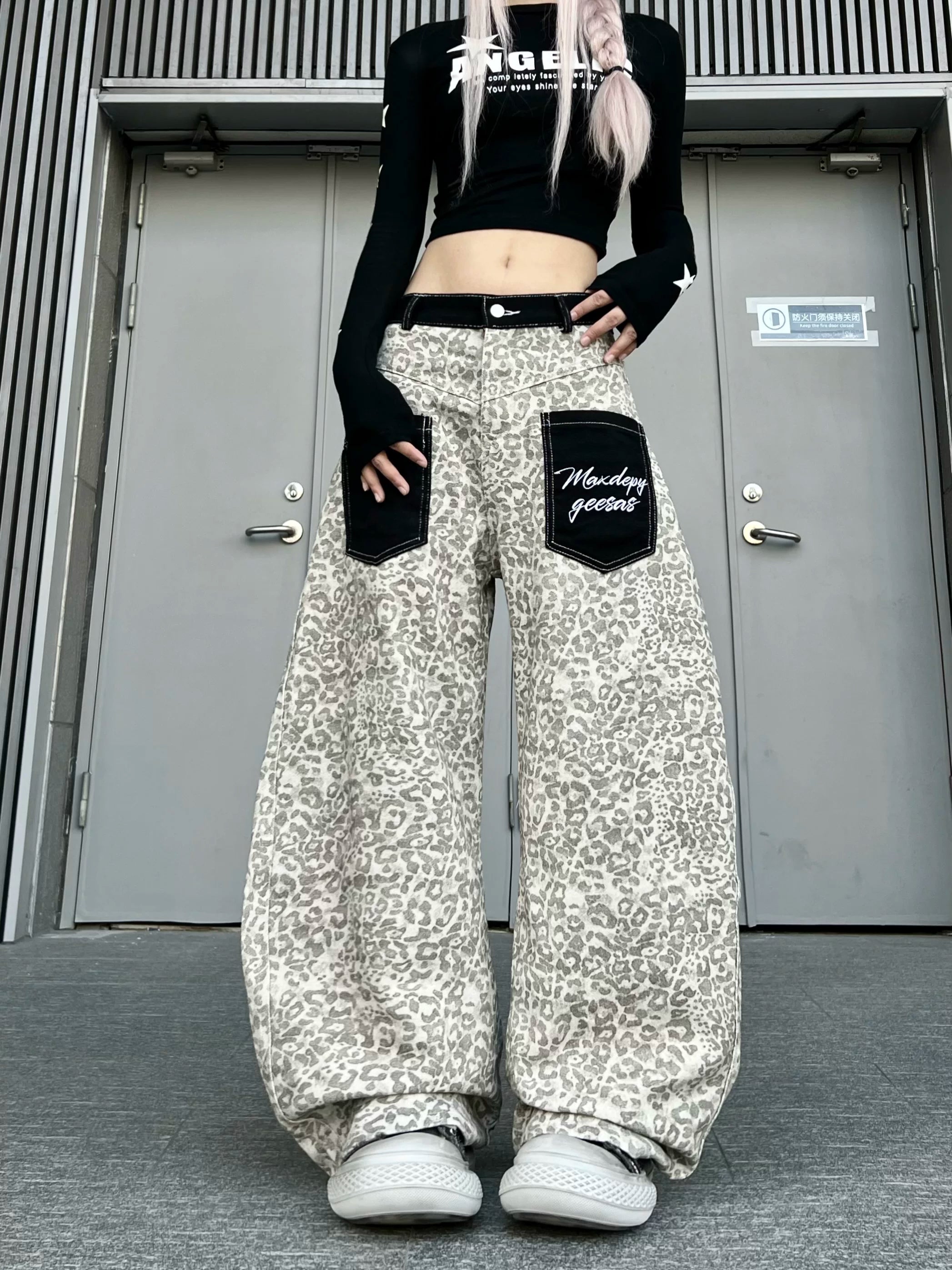TR BRUSHHIFT American retro leopard print patch pocket jeans street loose wide leg curved knife pants