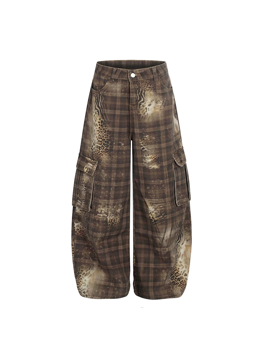 TR BRUSHHIFT American retro leopard print checkered printed curved knife work pants jazz street dance casual pants