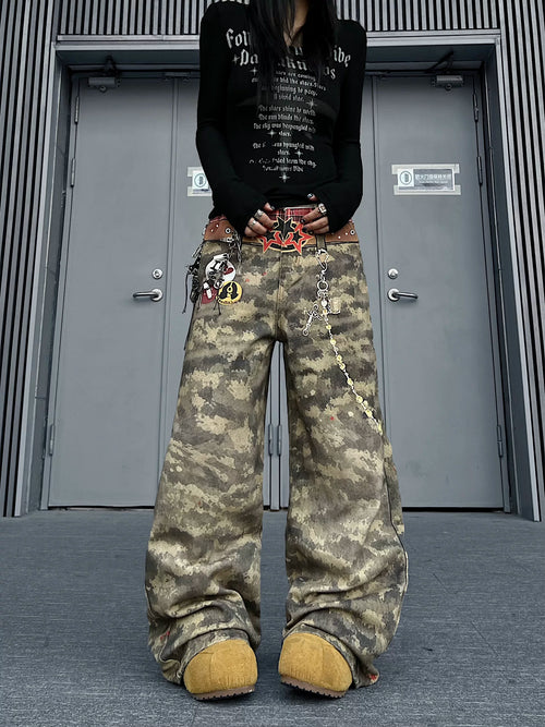 TR BRUSHHIFT American 3D digital printing technology camouflage jeans loose trendy brand curved knife wide leg pants