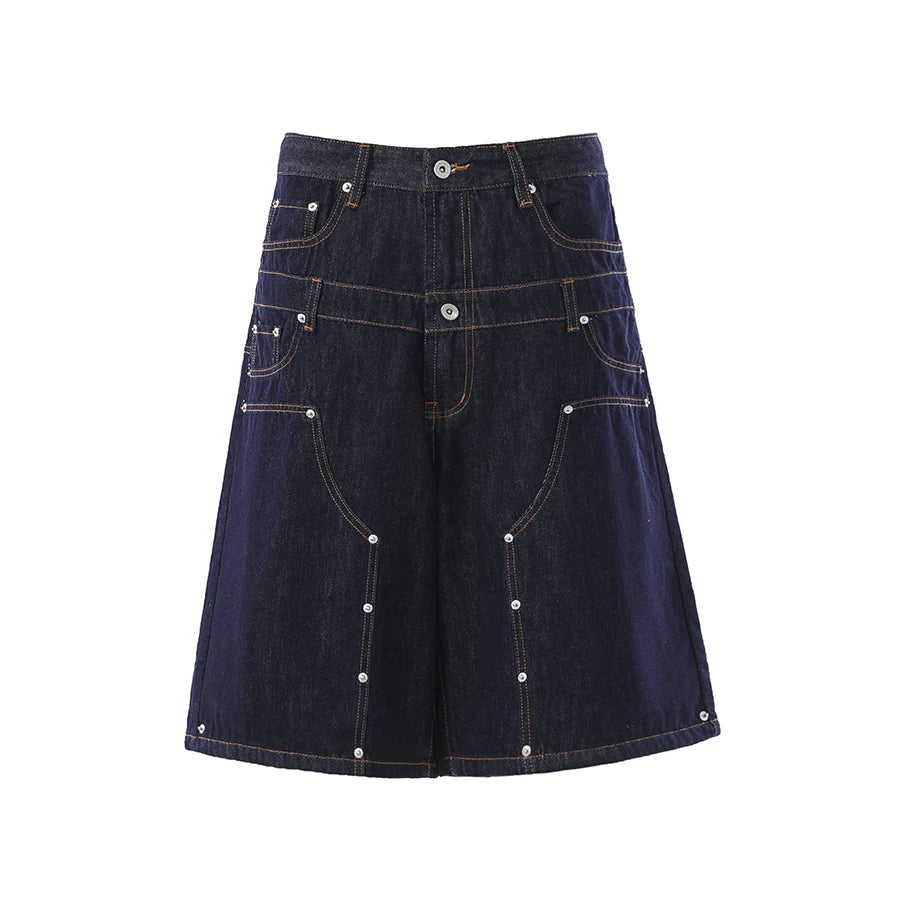TR BRUSHHIFT American Rivet Deconstruction Double Waist Head Design Cowboy Seven Leg Pants Loose Wide Leg Shorts Summer