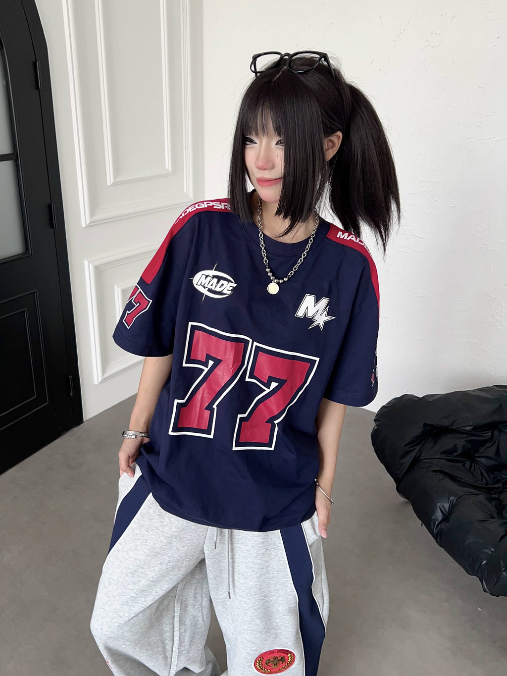 TR BRUSHHIFT American Street Digital Print Color Contrast Splicing Short Sleeve Shirt Loose Half Sleeve Top Summer