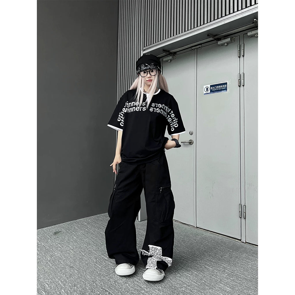 TR BRUSHHIFT street leopard print double waisted spliced curved knife work pants with three-dimensional pockets wide leg casual pants