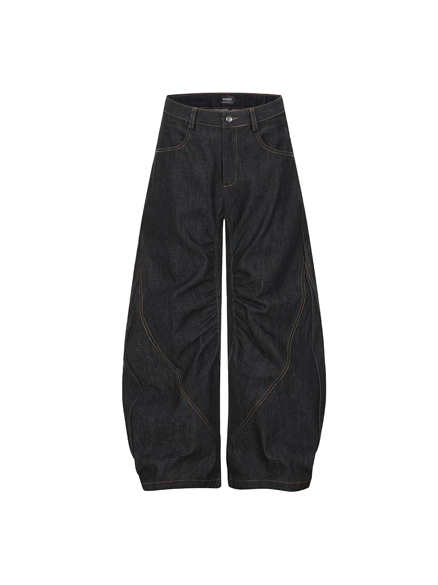 TR BRUSHHIFT American Gothic style heavy embroidery pleated original color jeans loose wide leg curved knife pants