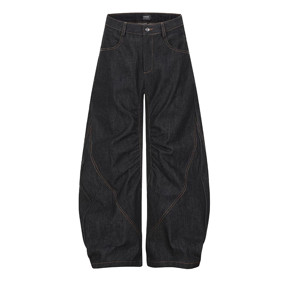TR BRUSHHIFT American Gothic style heavy embroidery pleated original color jeans loose wide leg curved knife pants
