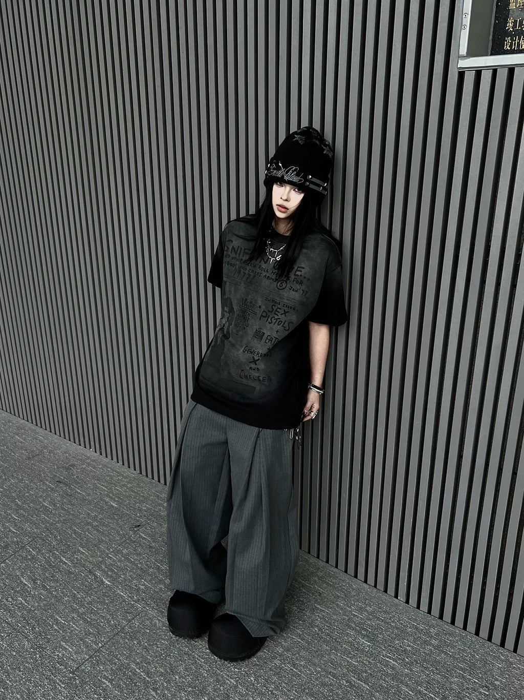 TR BRUSHHIFT double waisted pleated A-line wide leg striped trousers for men and women, loose hanging casual pants