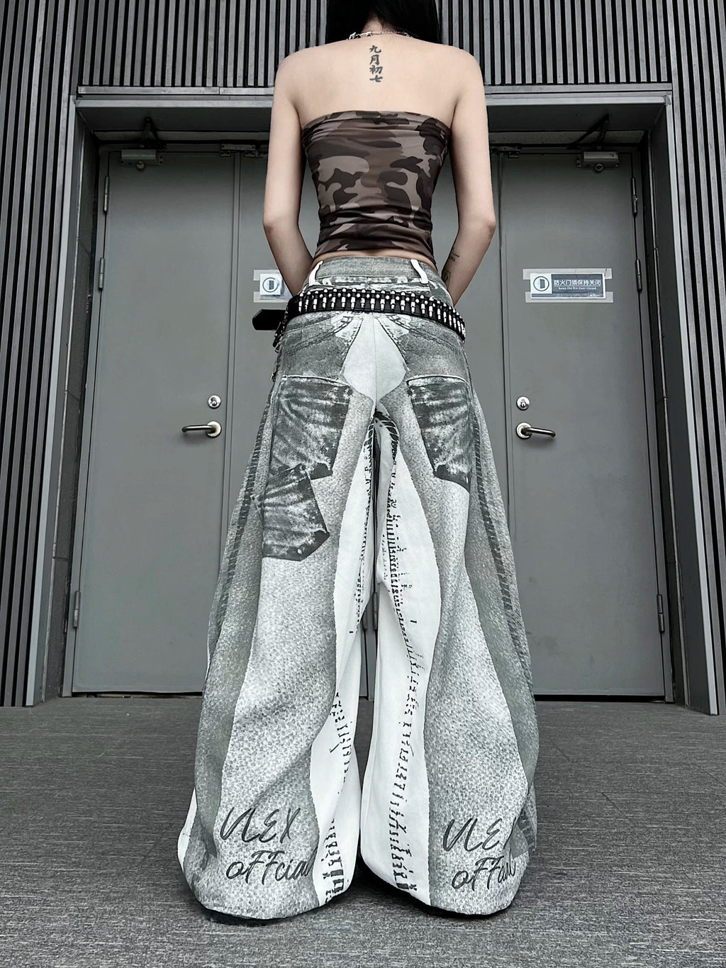 TR BRUSHHIFT 3D digital printing direct spray process jeans American Y2K pleated curved knife wide leg pants