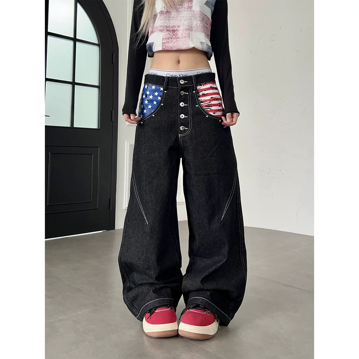 TR BRUSHHIFT American retro vintage vintage flag print nail bead jeans wide leg multi breasted long pants