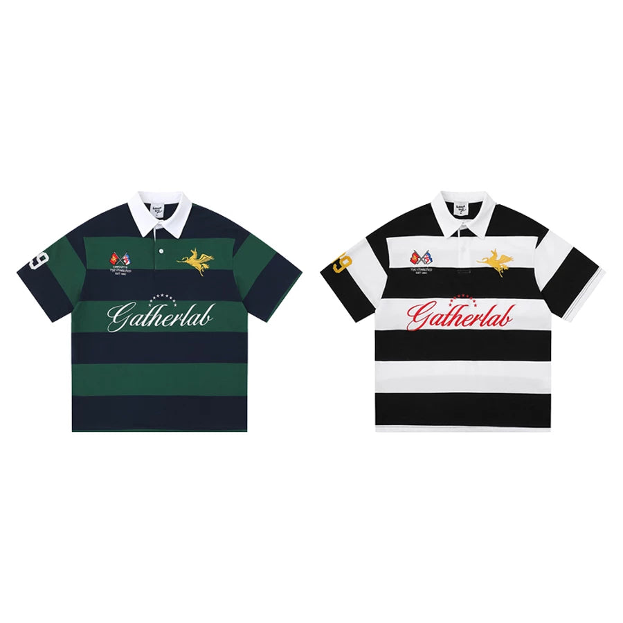 TR BRUSHHIFT American retro Pegasus embroidered contrasting striped polo shirt loose short sleeved T-shirt top