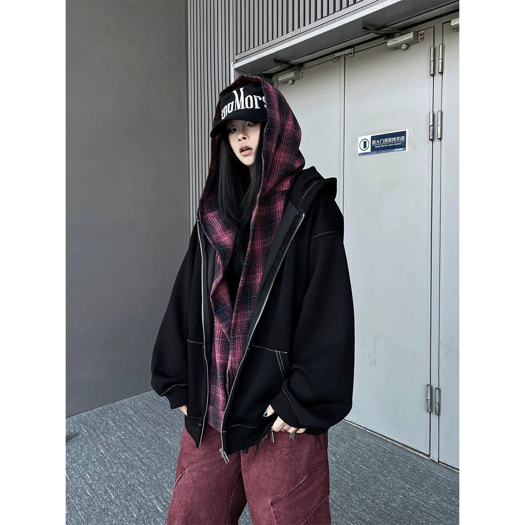 TR BRUSHSHIFT美式复古格子拼接假两件连帽运动衫男女宽松帽衫外套