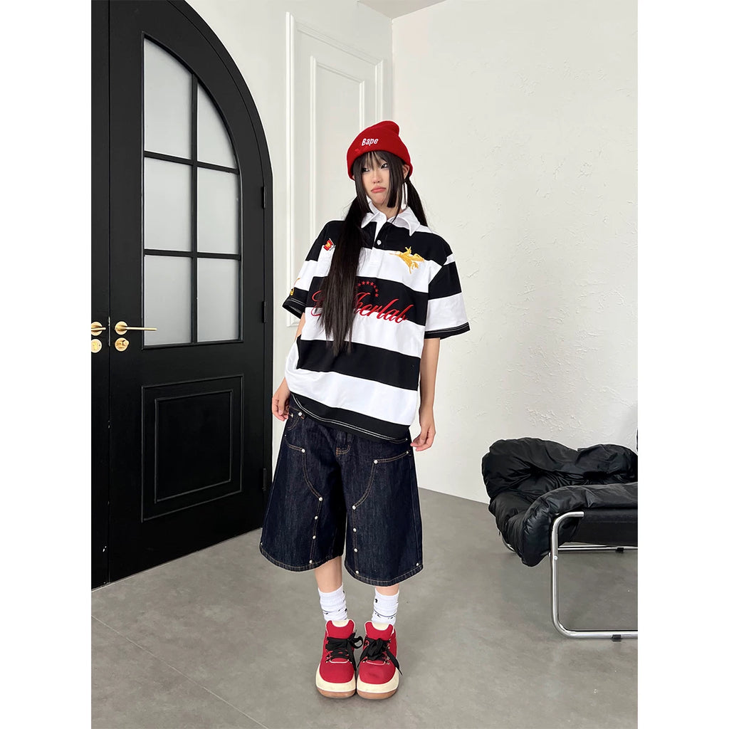 TR BRUSHHIFT American retro Pegasus embroidered contrasting striped polo shirt loose short sleeved T-shirt top