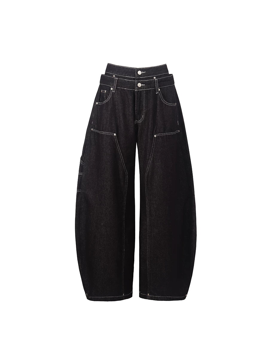 TR BRUSHSHIFT 美式复古藤蔓刺绣巴黎扣双腰头牛仔裤阔腿弯刀长裤