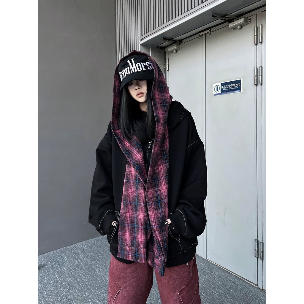 TR BRUSHSHIFT美式复古格子拼接假两件连帽运动衫男女宽松帽衫外套