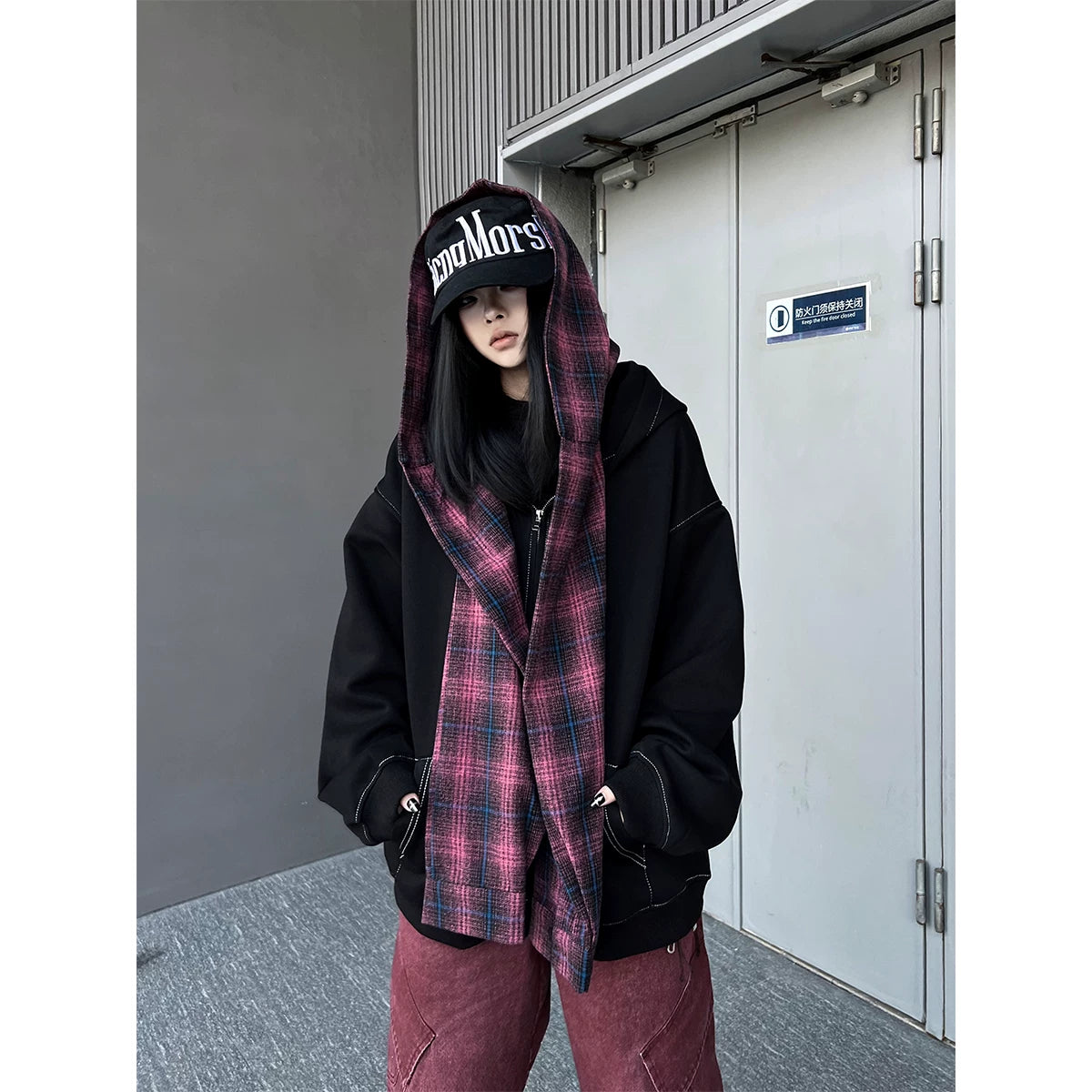 TR BRUSHSHIFT美式复古格子拼接假两件连帽运动衫男女宽松帽衫外套
