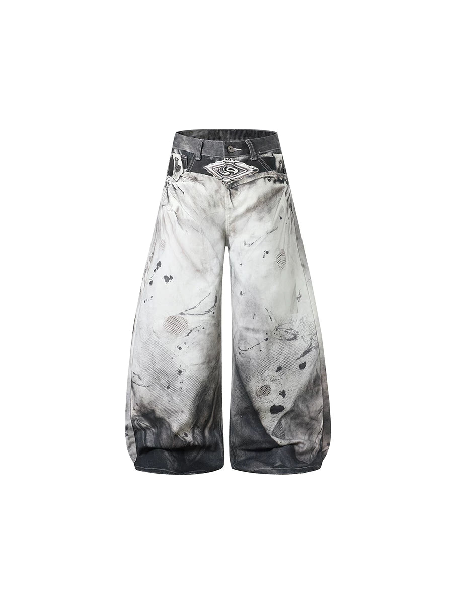 TR BRUSHHIFT American 3D Digital Printing, Dyeing, Splashing Ink, Curved Knife Jeans, Loose Wide Legs, Dirty Pants
