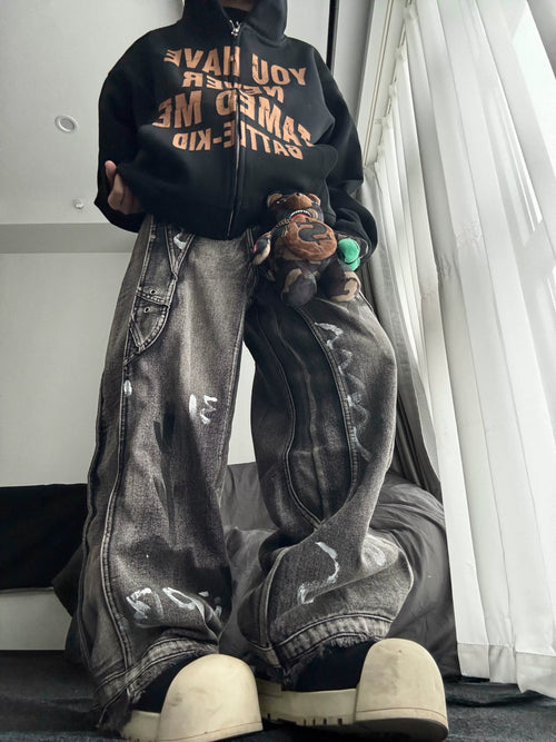 TR BRUSHHIFT American retro vintage distressed graffiti silhouette jeans wide leg mop pants trendy