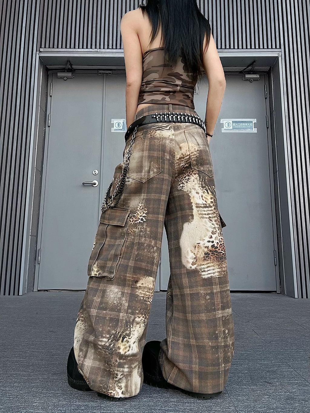 TR BRUSHHIFT American retro leopard print checkered printed curved knife work pants jazz street dance casual pants