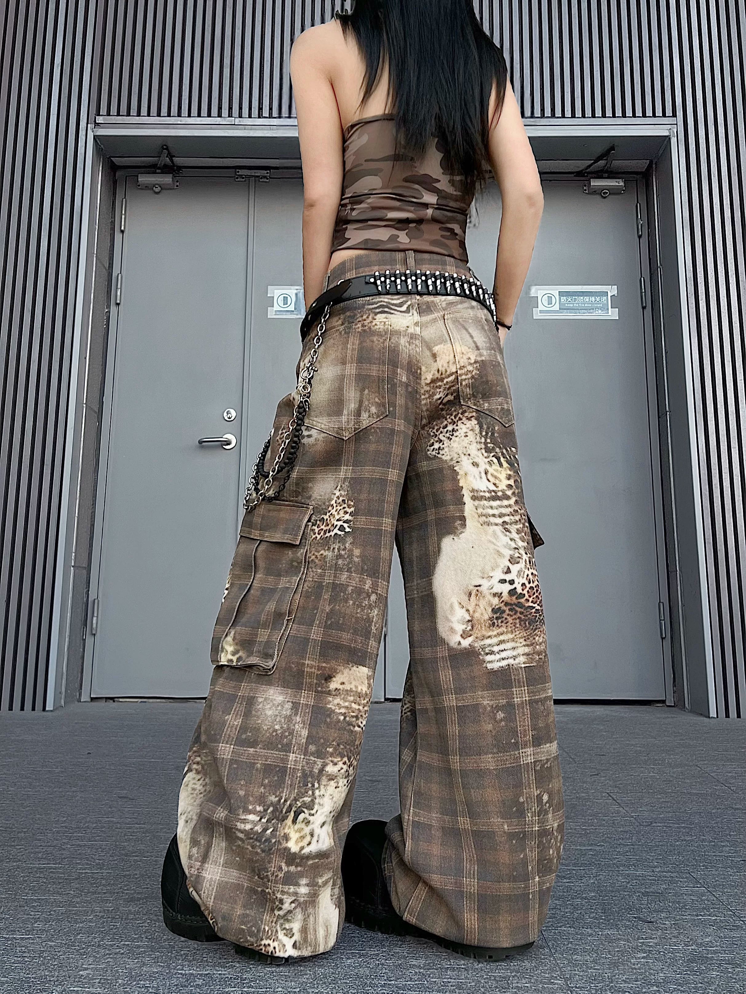 TR BRUSHHIFT American retro leopard print checkered printed curved knife work pants jazz street dance casual pants