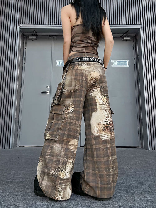 TR BRUSHHIFT American retro leopard print checkered printed curved knife work pants jazz street dance casual pants