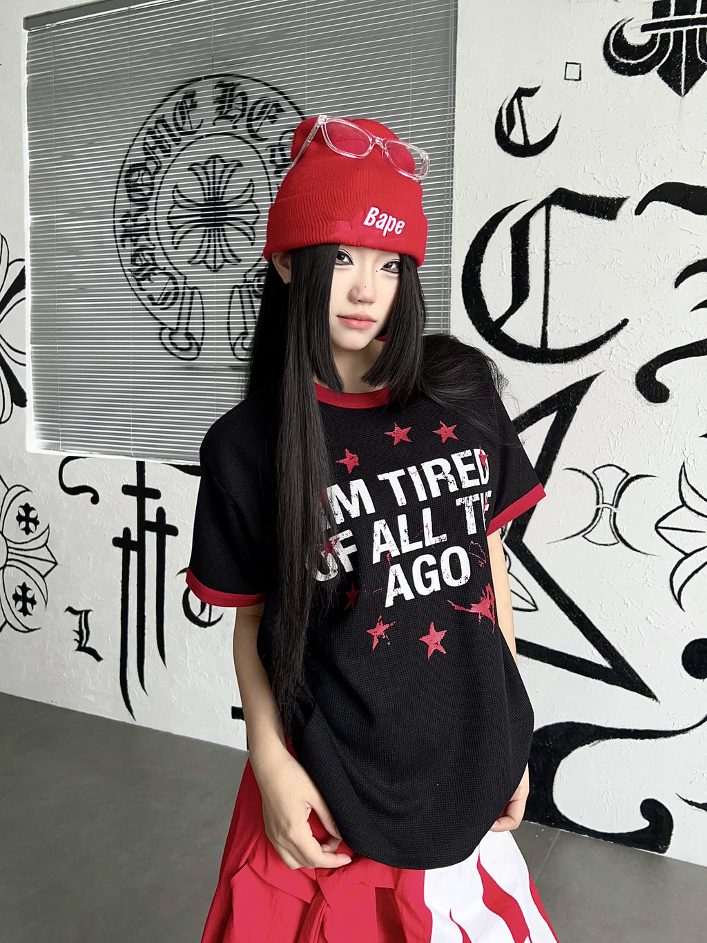 TR BRUSHHIFT American star letter print contrasting color waffle T-shirt for men and women loose short sleeved top