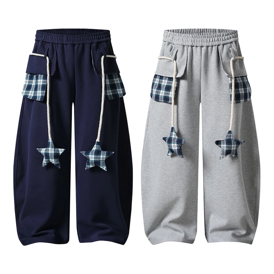 TR BRUSHHIFT American style patchwork plaid strap curved knife casual thick cotton pants with drooping jazz dance wide leg pants