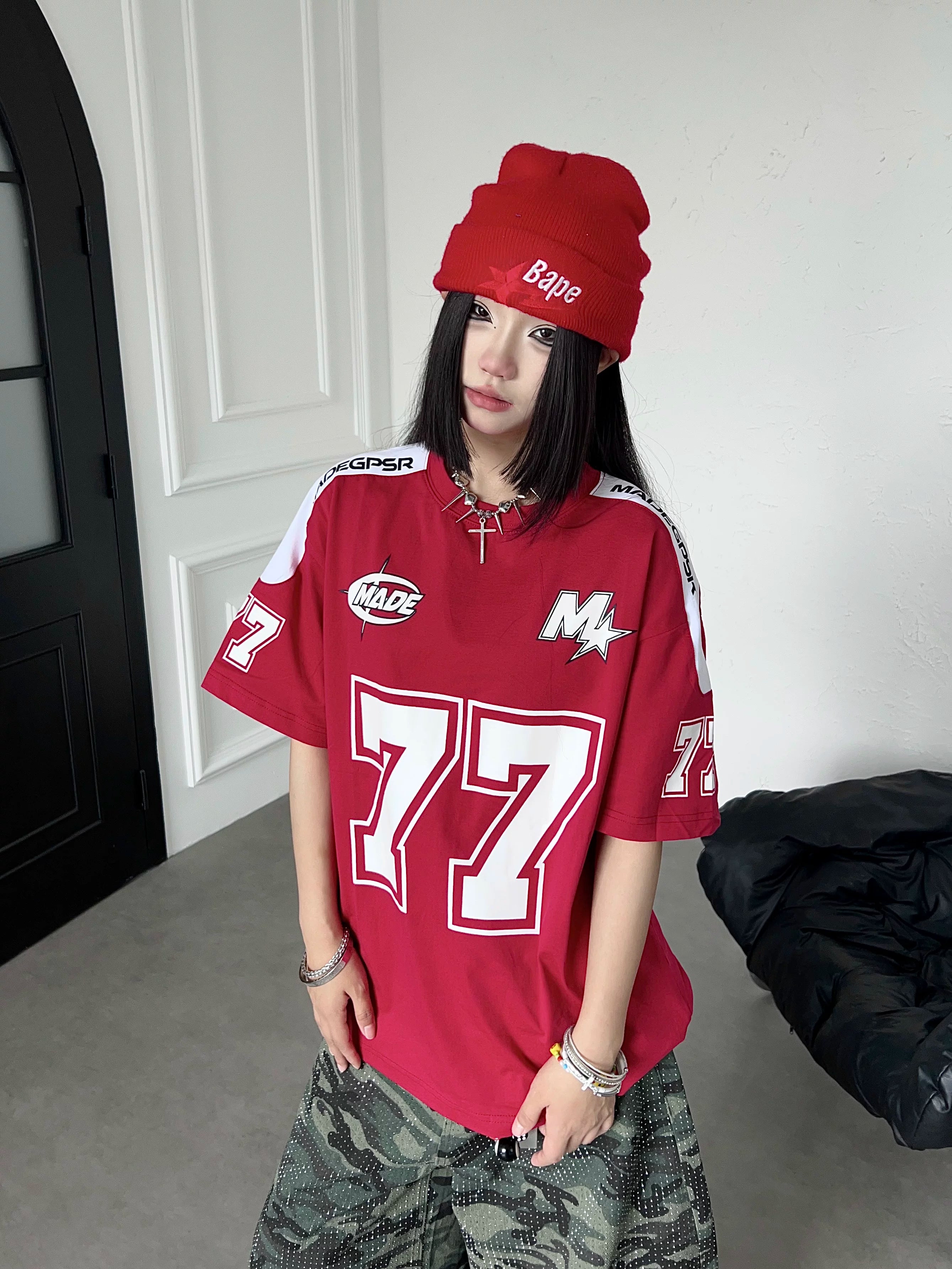 TR BRUSHHIFT American Street Digital Print Color Contrast Splicing Short Sleeve Shirt Loose Half Sleeve Top Summer