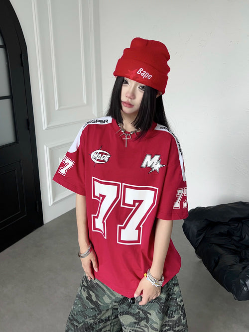 TR BRUSHHIFT American Street Digital Print Color Contrast Splicing Short Sleeve Shirt Loose Half Sleeve Top Summer